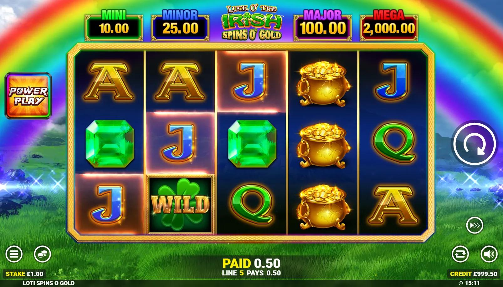 LOTI Spins O' Gold slot showing 5x3 Irish grid with leprechaun, gem premiums and Cash Collect symbols on reel 5