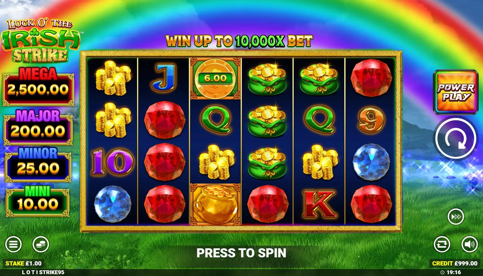 Luck O' The Irish Strike slot showing 6x4 ways grid with leprechaun, gem premiums and Cash Pots panel
