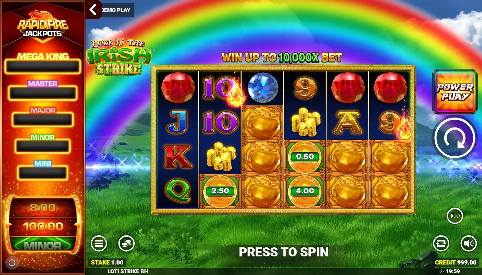 LOTI Strike RFJ slot showing 6x4 grid with leprechaun and 5-tier Rapid Fire jackpot panel