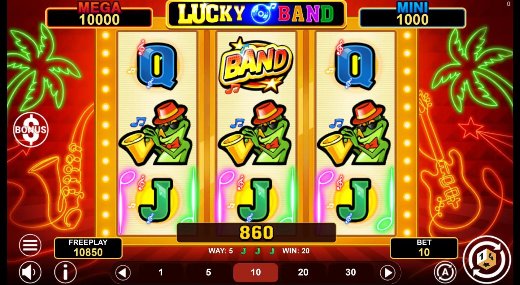 Lucky Band slot gameplay showing 3x3 grid with green saxophone frog line win and BAND wild
