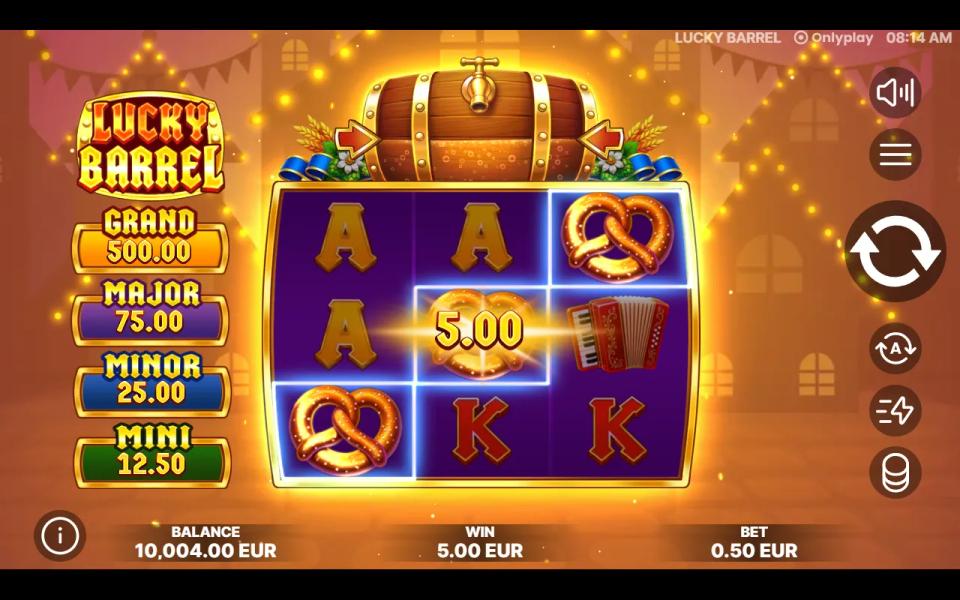 Lucky Barrel 3x3 slot grid paying three pretzels along the rising diagonal payline, with the four jackpot plaques stacked beside the reels
