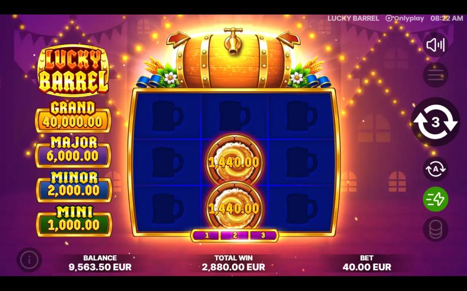 Lucky Barrel coin round with the respin counter restored to three after a coin landed, both stuck Collect barrels showing their running totals