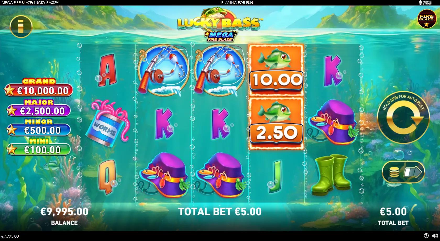 Mega Fire Blaze Lucky Bass slot gameplay showing a 5x3 underwater fishing grid with rods, tackle, worm cans, green bass cash coins and four Fire Blaze jackpots