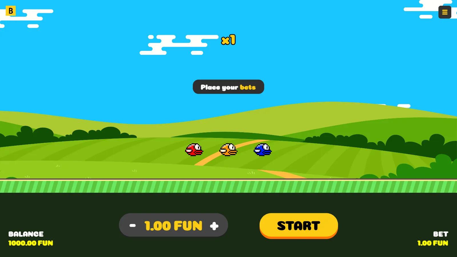Lucky Birds crash game showing three pixel birds with risk percentages flying past green pipes at a x2.50 multiplier