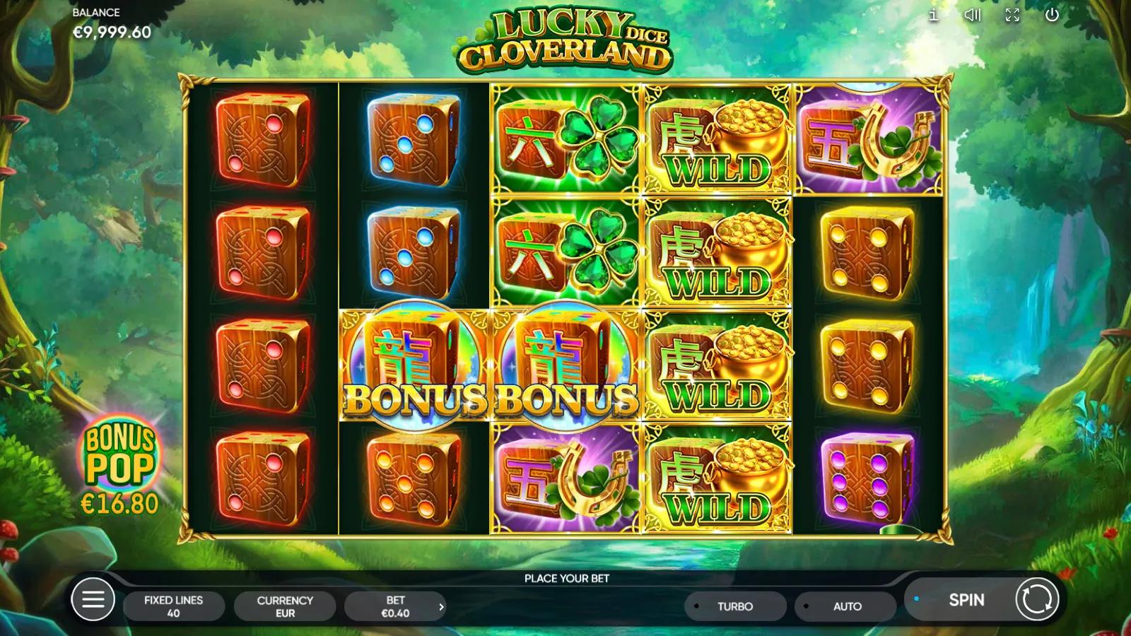 Lucky Cloverland Dice gameplay showing 5x4 reels with dice, beer mugs, a pot of gold Wild and a leprechaun in a green forest