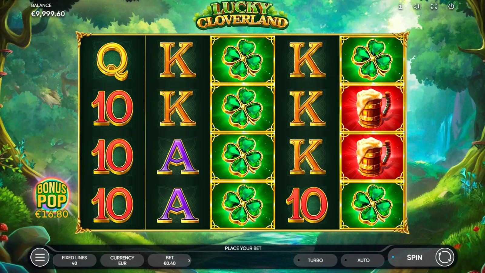 Lucky Cloverland gameplay showing 5x4 reels with clovers, beer mugs, a pot of gold Wild and a leprechaun in a green forest