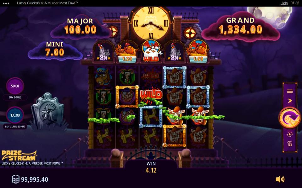 Lucky Clucks 4 base game: a wild on the middle reel links sheep across several paylines, with the Prize Stream items and Mini, Major and Grand meters above the 5x4 grid
