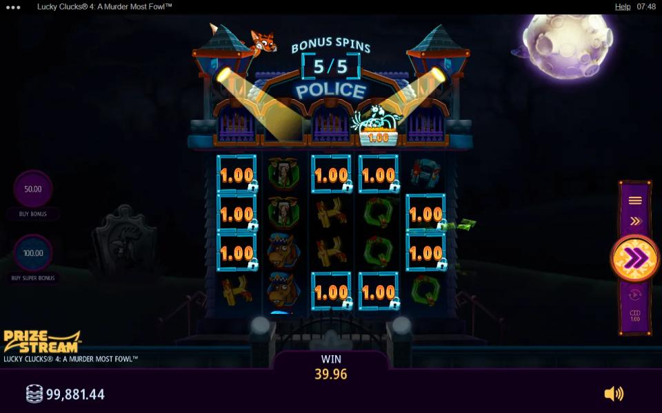 Lucky Clucks 4 Super Bonus, last spin: Hen cash prizes on all nine Bonus Hot Frames under the Police sign