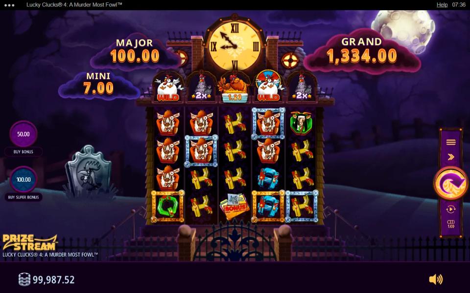 Lucky Clucks 4 base game with Silver and Gold Hot Frames on the reels and the Mini, Major and Grand prize meters above the board