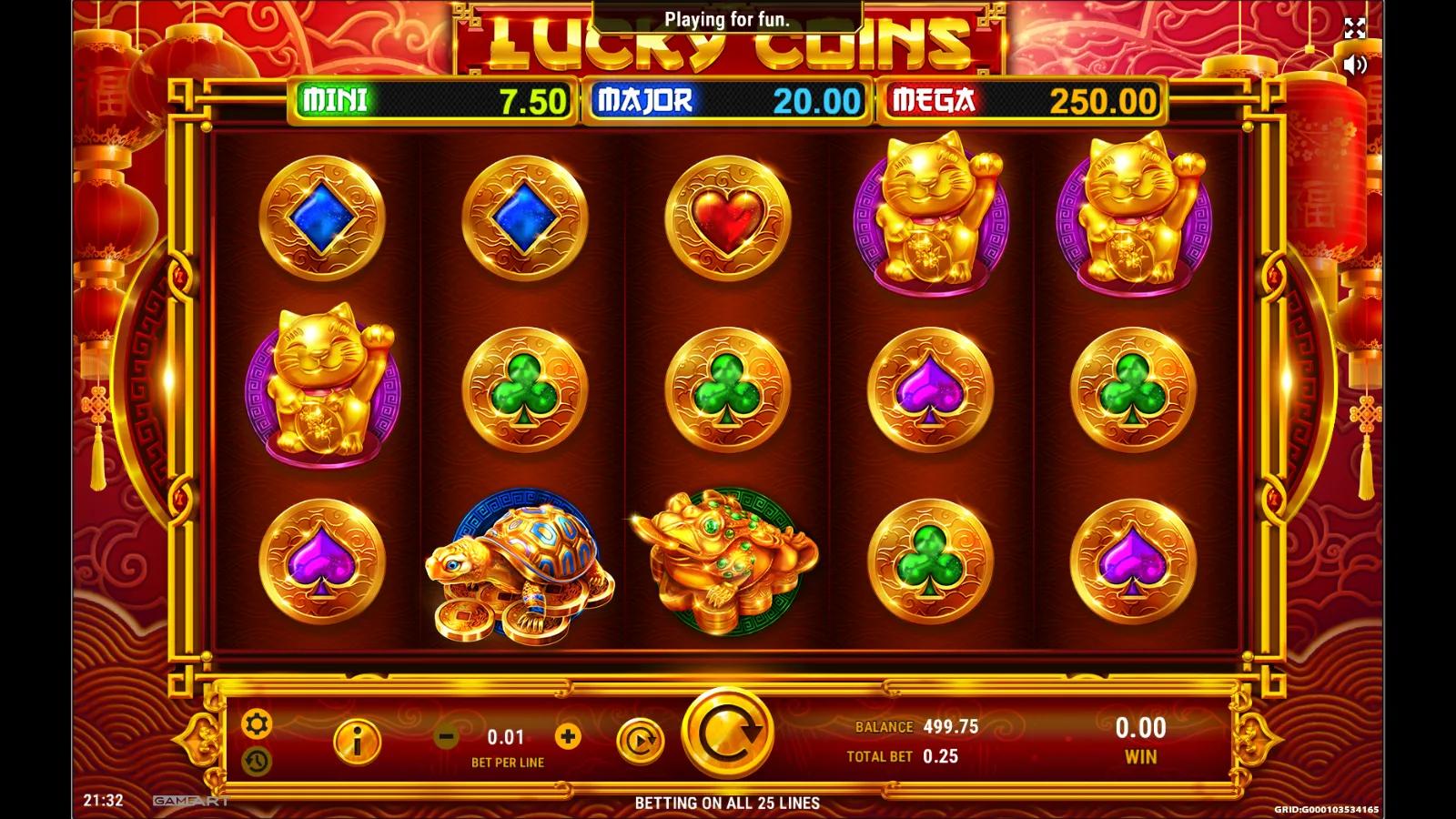 Lucky Coins slot gameplay showing the 5x3 reels with a gold lucky cat, turtle and ingot symbols and a jackpot ladder