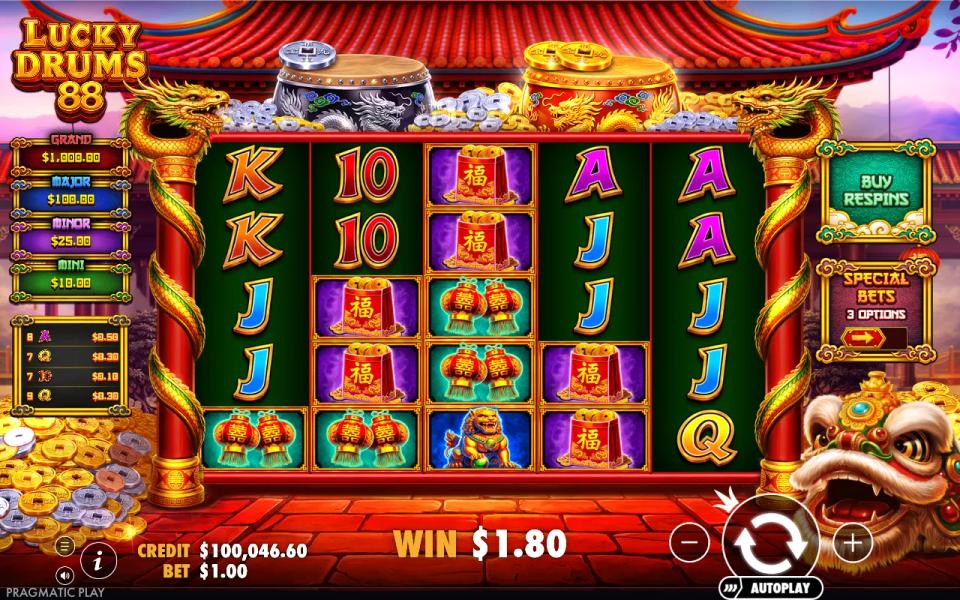 Lucky Drums 88 5x5 board after a six-step tumble, with the silver and gold drums on the temple roof piled with collected coins and the four jackpot plaques on the left