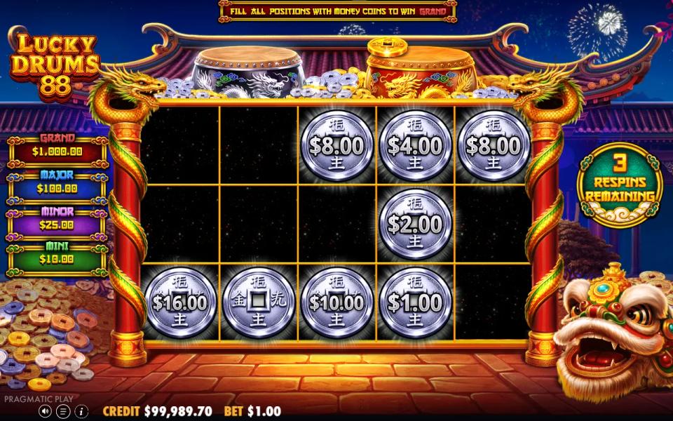 Lucky Drums 88 Hold and Spin on the silver 5x3 grid only, eight silver coins held and the respin counter back at three