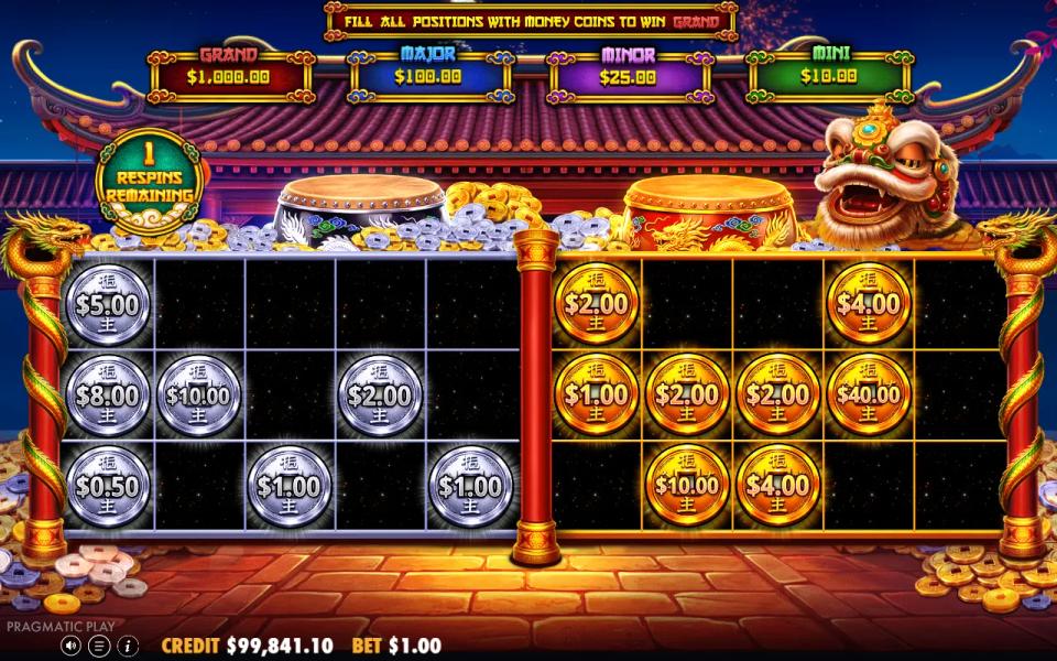 Lucky Drums 88 bought Hold and Spin on its last respin, silver and gold grids both about half full, a 40x gold coin the biggest on the board