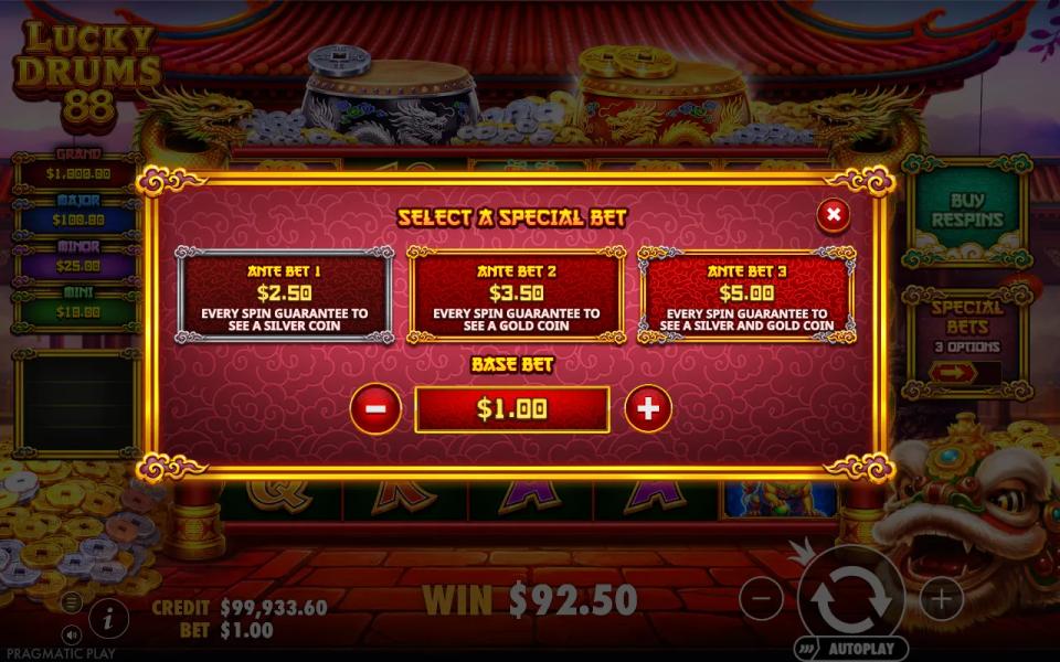 Lucky Drums 88 special bets menu with three ante bets at 2.5x, 3.5x and 5x the base bet, each guaranteeing silver, gold or both coins