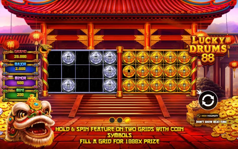 Lucky Drums 88 intro slide showing a silver and a gold 5x3 grid side by side, the gold grid full of coins, with the line fill a grid for 1000x prize