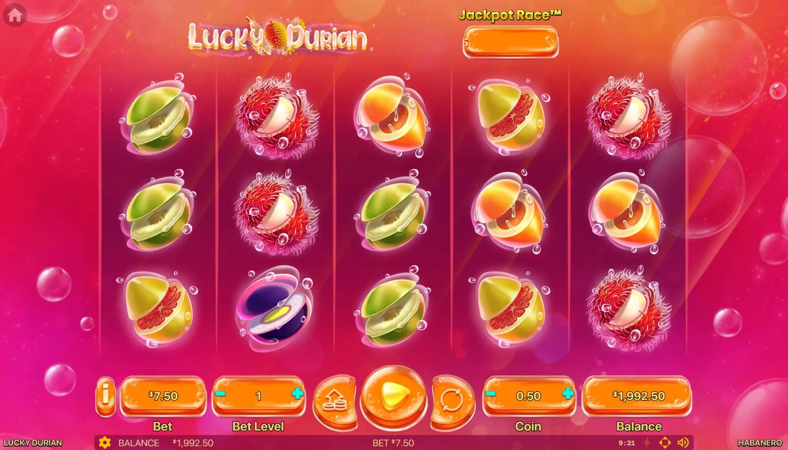 Lucky Durian 5x3 fruit grid with sliced durian, mangosteen, rambutan and dragonfruit symbols on pink-orange bubble backdrop