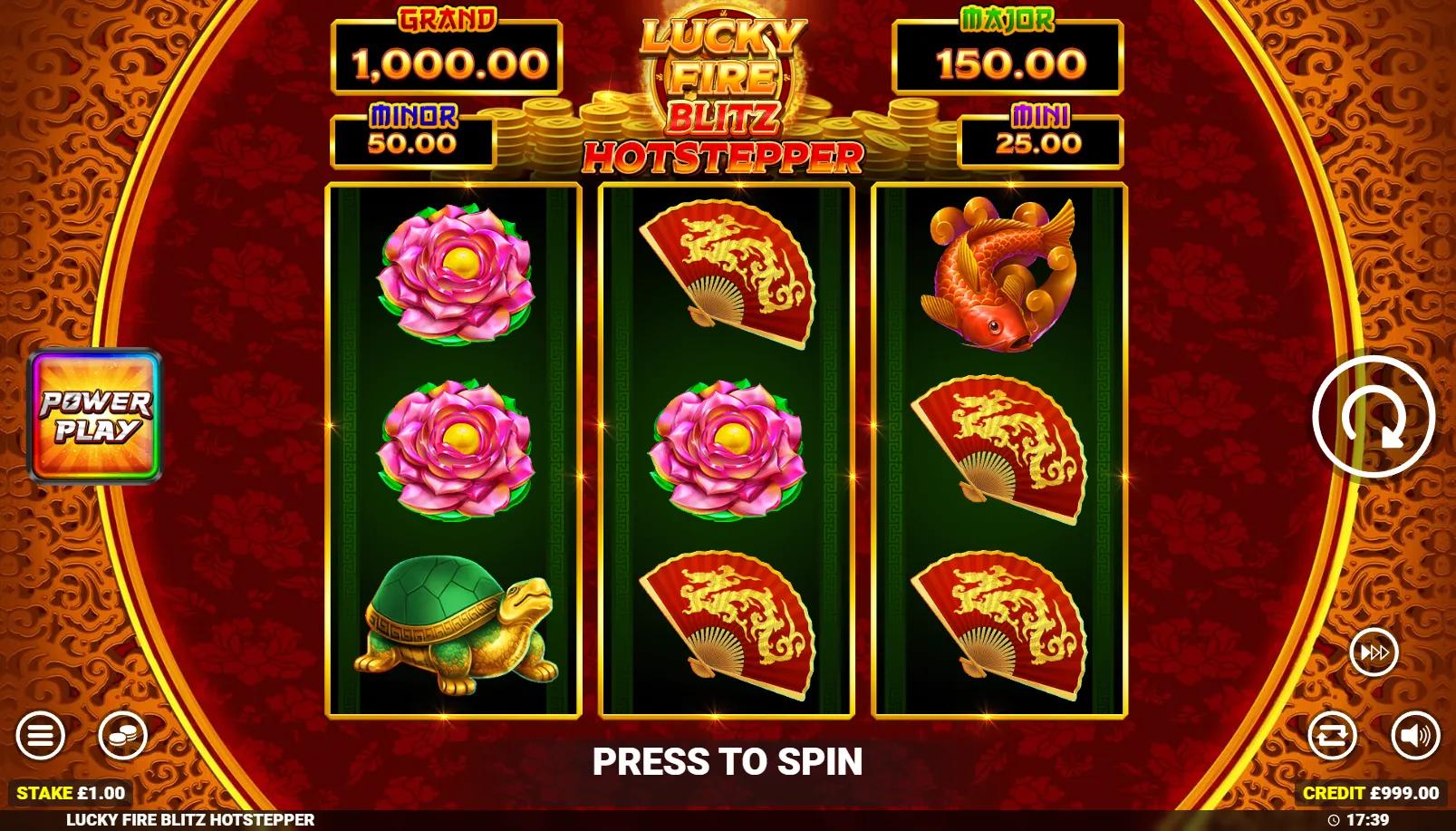 Lucky Fire Blitz Hotstepper slot showing 3x3 Asian-themed grid with Cash on reels 1/3 and Collect on reel 2