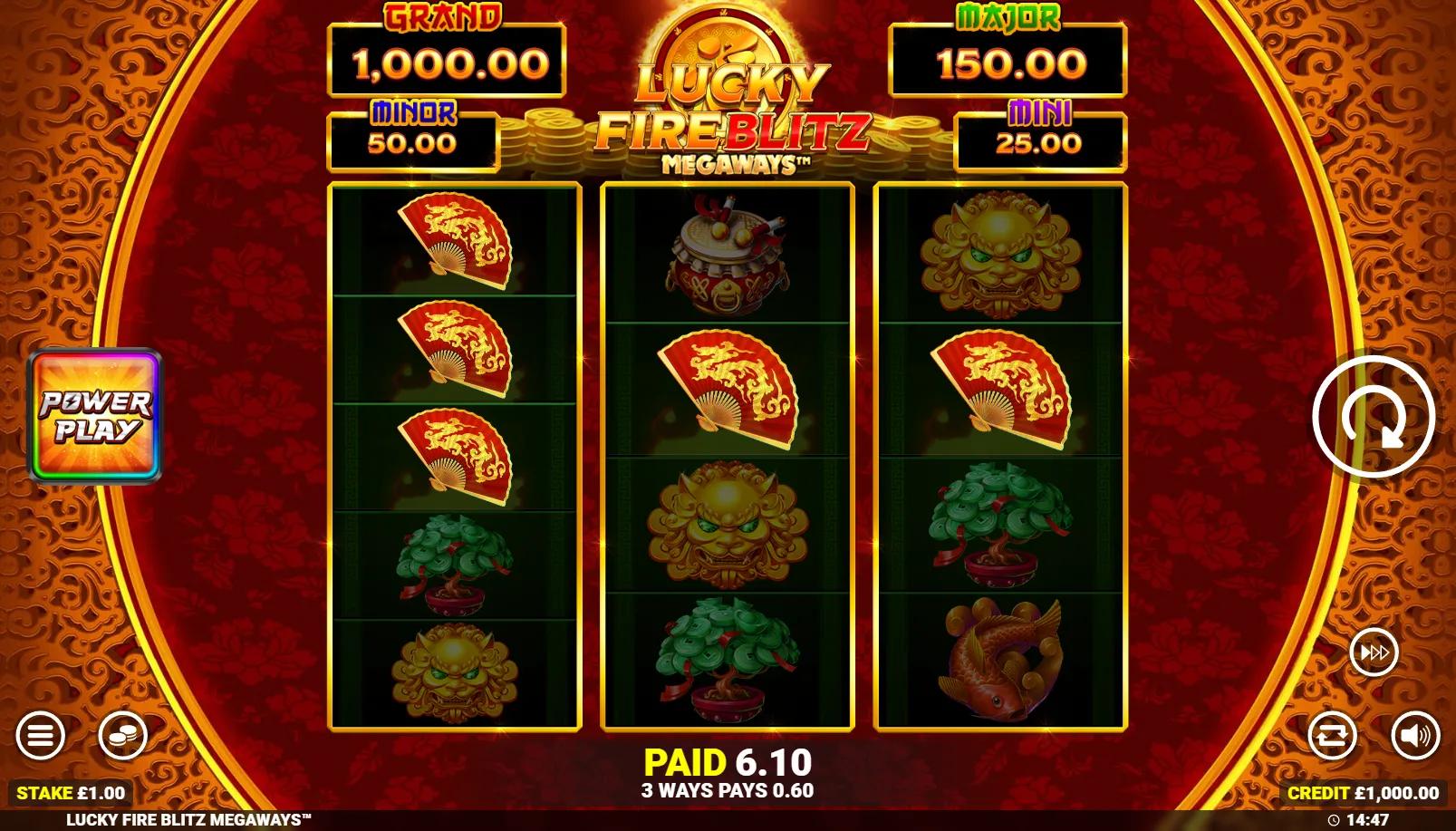 Lucky Fire Blitz Megaways slot showing 3-reel compact Megaways grid with Chinese symbols and Cash Collect