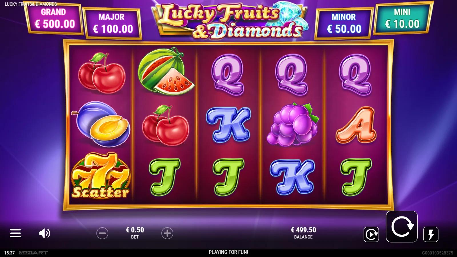 Lucky Fruits & Diamonds slot gameplay showing 5x3 grid with watermelon, grapes, a blue Diamond and a 777 Scatter