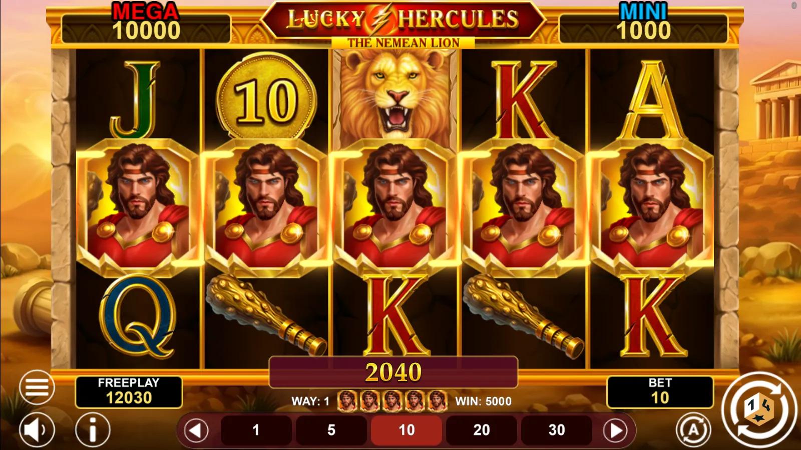 Lucky Hercules slot gameplay showing 5x3 grid with a full row of Hercules symbols and a gold coin win