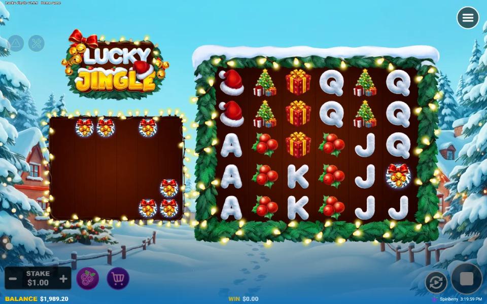 Lucky Jingle base game with the Free Spins Collection matrix beside the reels, a bells wreath on reel 6 lighting its matching segment