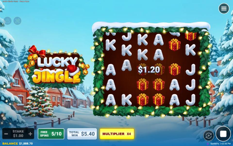 Lucky Jingle free spin 5 of 10 opening its cascade with the multiplier already at x4