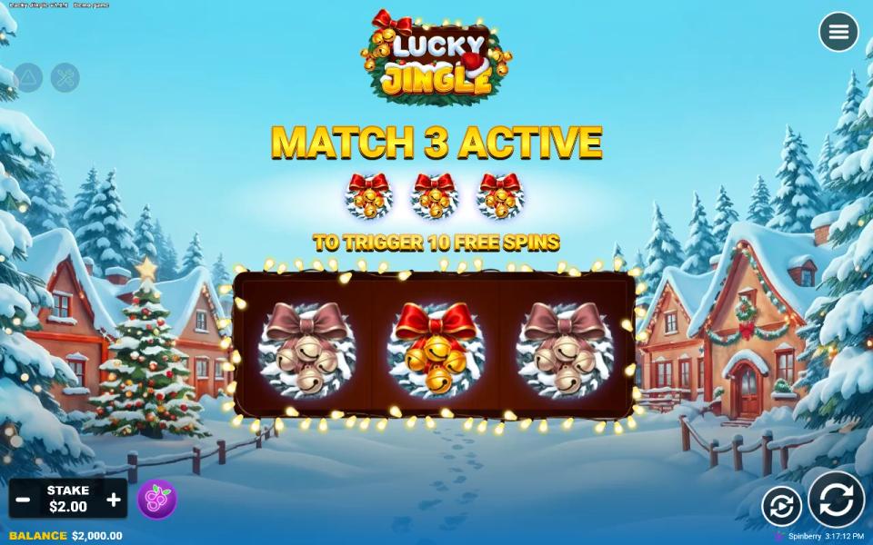 Lucky Jingle Feature Spin mode with three single wreath positions and the message Match 3 Active to Trigger 10 Free Spins