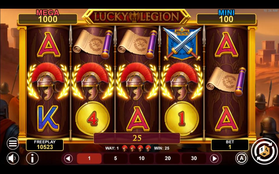 Four burning legionary helmet symbols across the first four reels of the 5x3 Lucky Legion Fortune grid, paying 25x the stake on 243 ways
