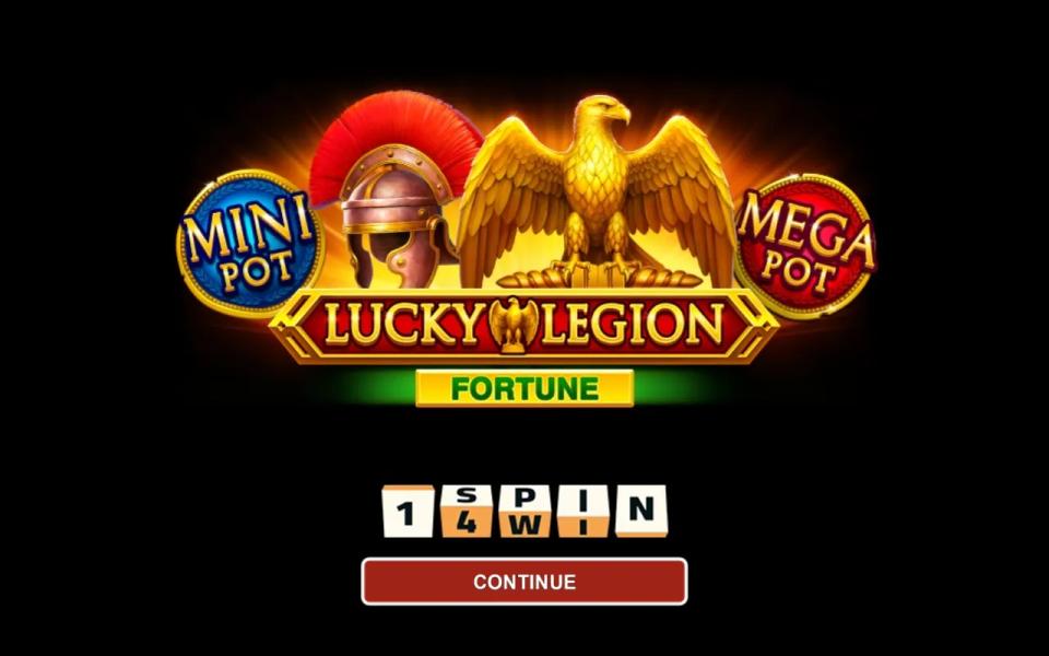 Lucky Legion Fortune intro screen showing the game logo between a blue Mini Pot disc and a red Mega Pot disc above a Continue button