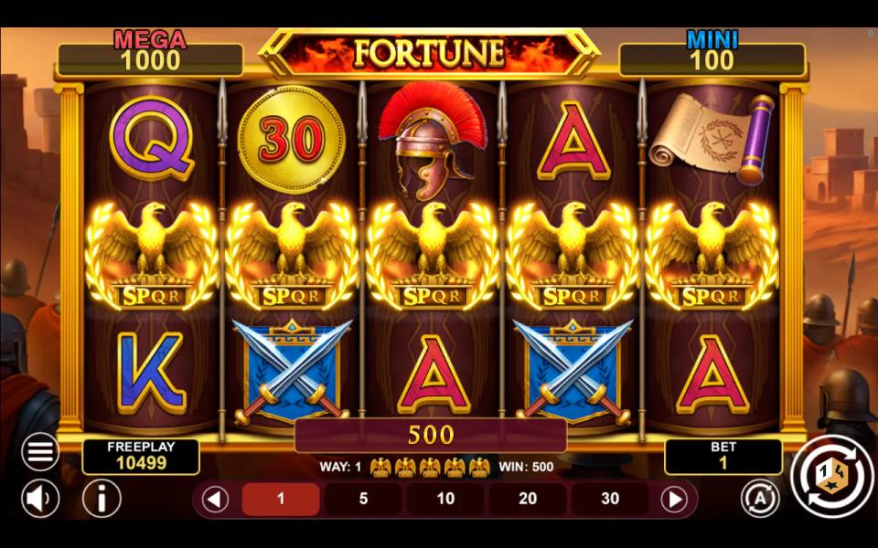 Five golden SPQR eagle symbols filling the middle row of the Lucky Legion Fortune grid for a 500x all-ways win