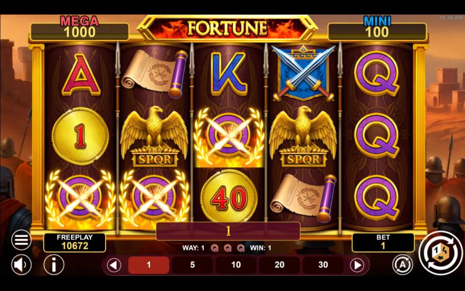 A gold coin marked 40 and a coin marked 1 on the Lucky Legion Fortune grid with no third coin, the round paying only a three-Q way