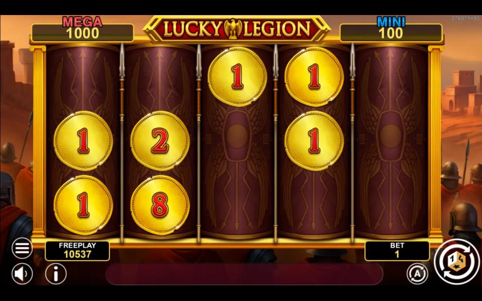 Lucky Legion Fortune bonus respin showing seven sticky gold coins held on the grid while every other position is blank
