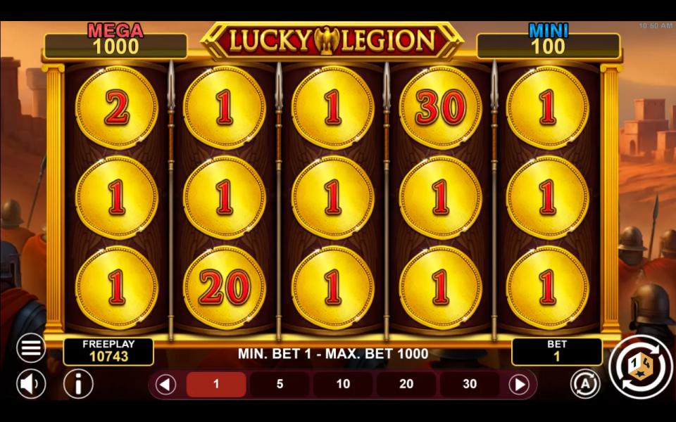 Completed Lucky Legion Fortune bonus with all fifteen grid positions filled by gold coins, twelve of them marked 1 alongside a 2, a 20 and a 30