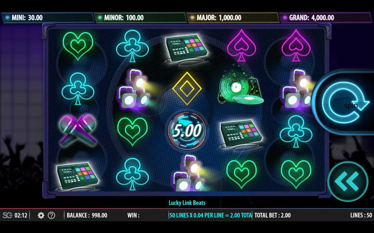 Lucky Link Beats slot 5x4 reels with neon EDM symbols, jackpot ladder banner across the top