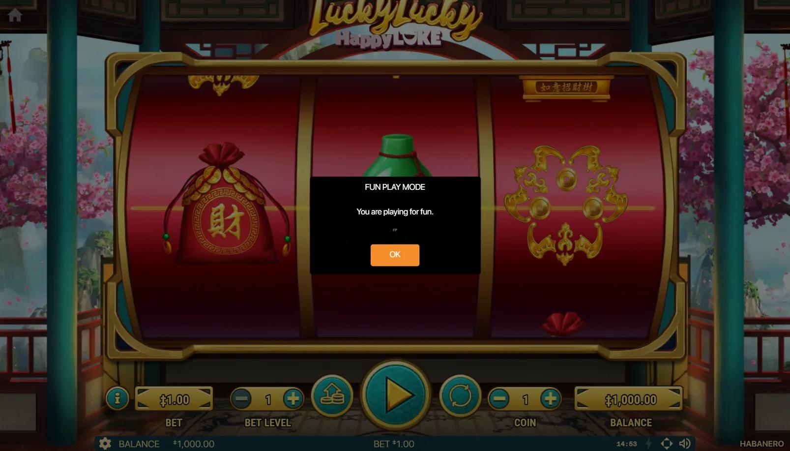 Lucky Lucky Happy Luke slot showing a single curved 3x1 red drum reel with money pouch, jade vase, and gold coin lattice