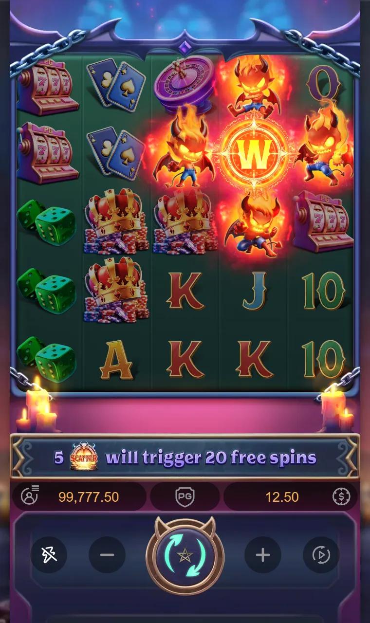 Lucky Mischief 5x5 grid with a Summoning Wild cross of wilds on reels 3 to 5 and no win because reel 1 matches nothing