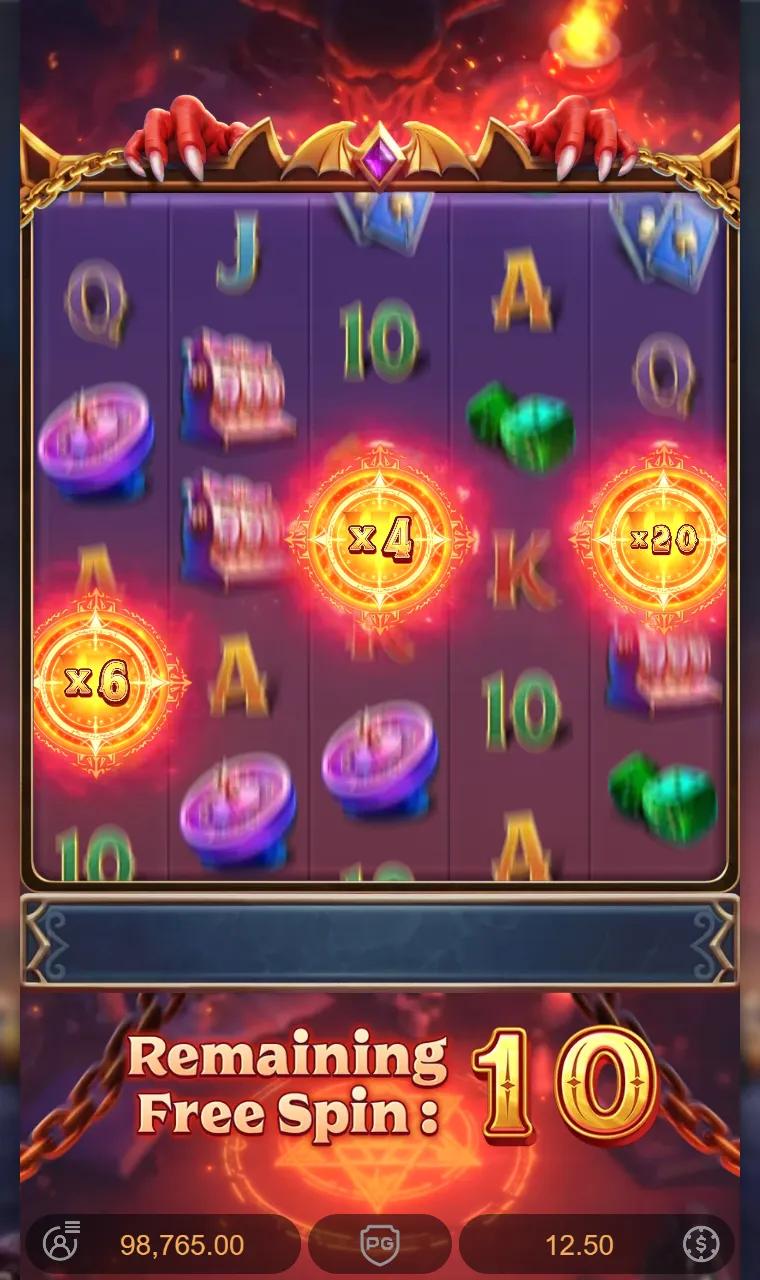 Lucky Mischief free spins grid with three Summoning Wild discs carrying x6, x4 and x20 multipliers and no winning line