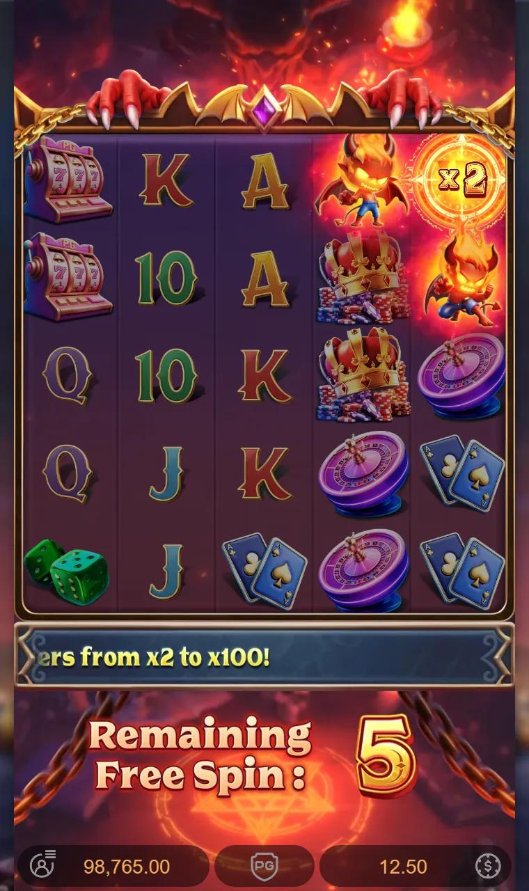 Lucky Mischief free spins grid with an x2 Summoning Wild on top of reel 5 spreading wilds that connect to no line