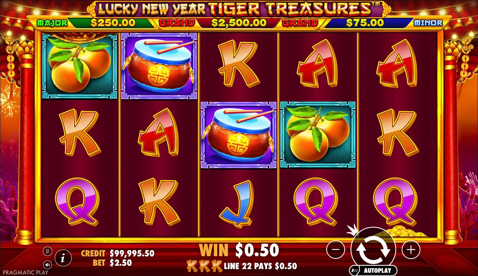 Lucky New Year Tiger Treasures reels showing Animals symbols and Big Symbols