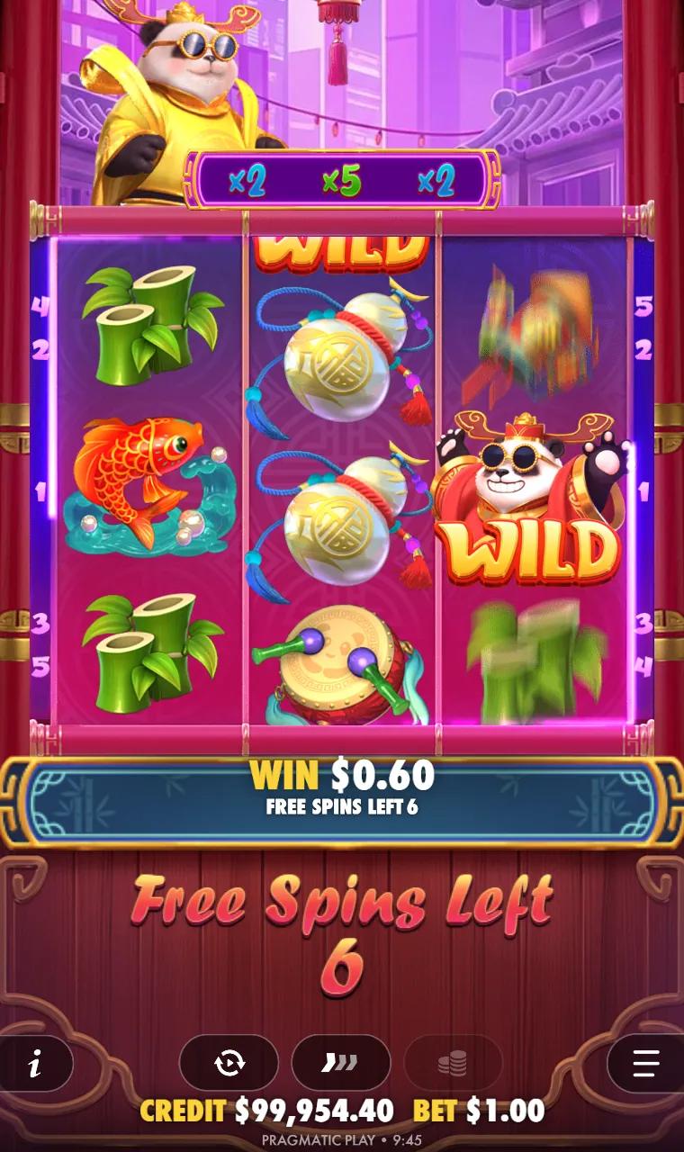 Lucky Panda free spins on a pink 3x3 board, a panda wild on the middle reel and a bar of three multipliers above the reels