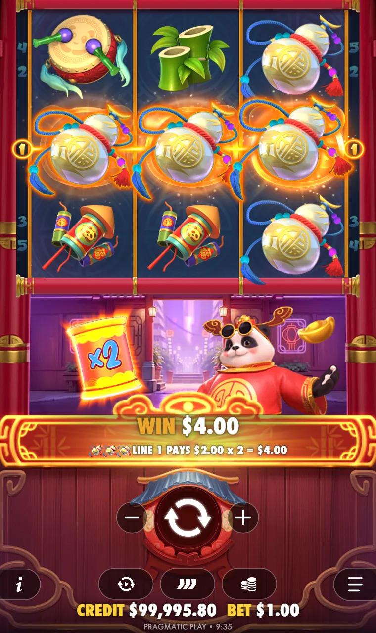 Lucky Panda base game with three gourds on the middle row and the side multiplier reel below the grid