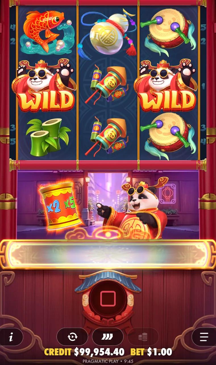 Two panda wilds on the middle row of Lucky Panda with a firecracker between them