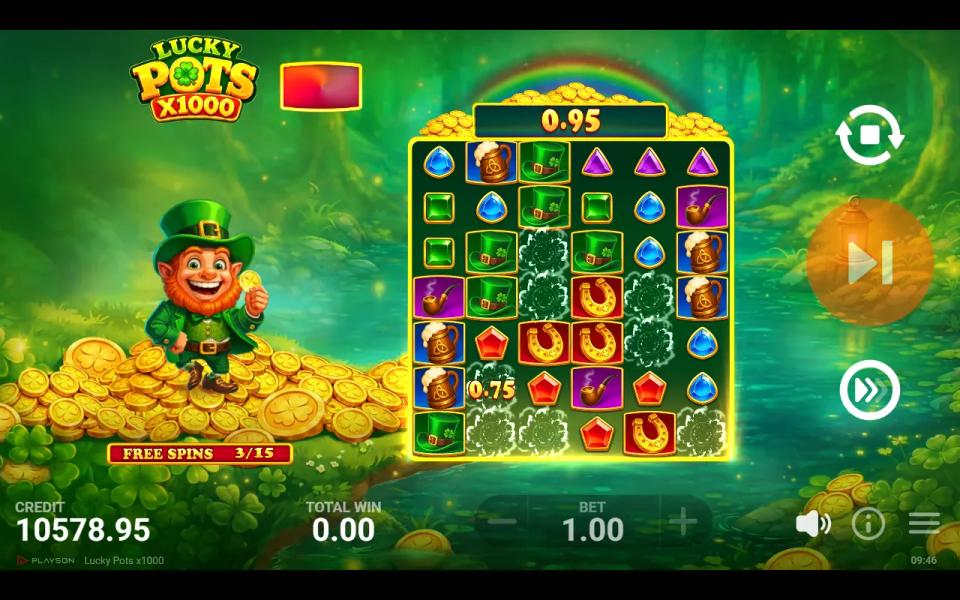 Lucky Pots x1000 free spins on the seven-row board, a winning group of symbols bursting into clover outlines beside a grinning leprechaun