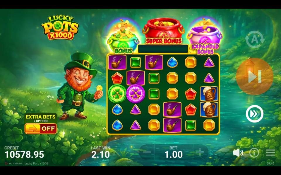 Start of the Lucky Pots x1000 bonus with the green Bonus pot and the purple Expanded Bonus pot both lit above the reels