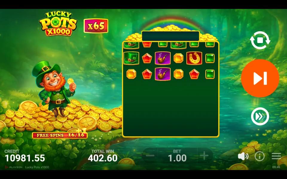 Lucky Pots x1000 final free spin with the Total Multiplier showing x65 at the top left while new symbols drop in