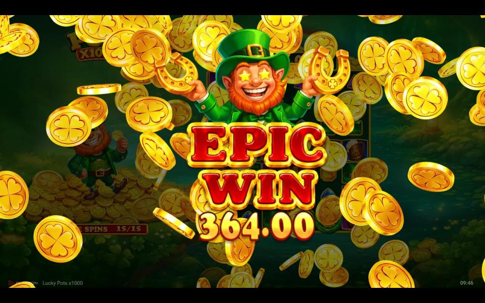 Lucky Pots x1000 Epic Win celebration on the fifteenth free spin of the bonus
