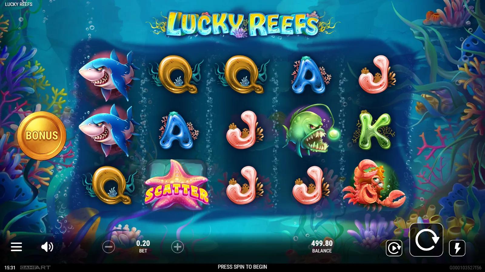 Lucky Reefs slot gameplay showing 5x3 underwater grid with shark, anglerfish and a pink Starfish Scatter