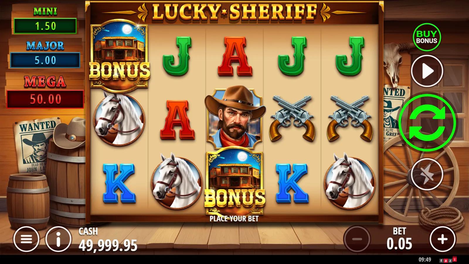 Lucky Sheriff slot gameplay showing 5x3 Western grid with Wild, Bonus saloon symbol and MINI/MAJOR/MEGA jackpots