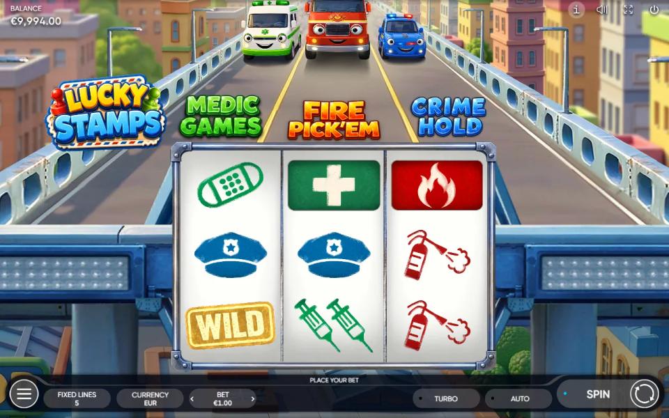 Lucky Stamps base game with the ambulance, fire truck and police car parked on a bridge above the MEDIC GAMES, FIRE PICK'EM and CRIME HOLD signs