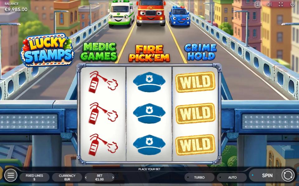 Lucky Stamps reels with three extinguishers on reel one, three police caps on reel two and a full column of WILD stamps on reel three